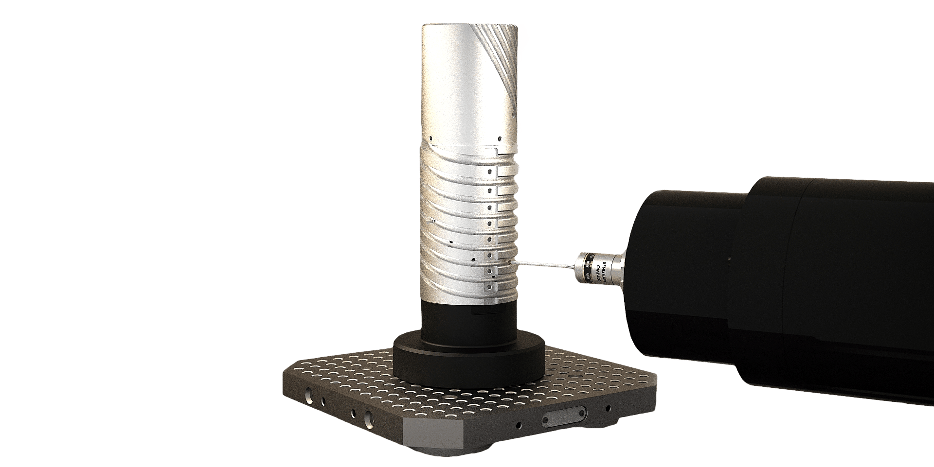 A precision measurement tool inspecting a cylindrical metal object with a spiral groove pattern. The object is mounted on a perforated metal platform, and the tool is positioned horizontally, focusing on the object's surface.