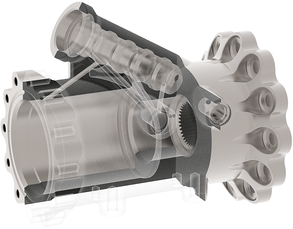 Computer-generated image of a mechanical component, featuring a partially transparent cylinder with internal gears and pistons. The exterior shows a series of bolted connections, combining intricate detail and industrial design elements.