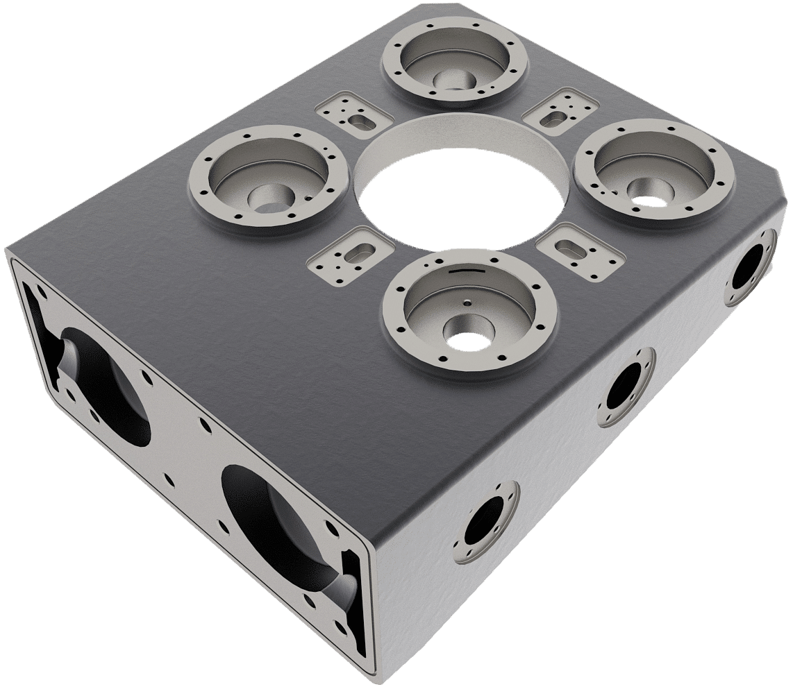 A gray, rectangular metal box with multiple circular and rectangular openings on its top and sides. The openings are surrounded by bolt holes, suggesting it is meant for mounting multiple components or devices.
