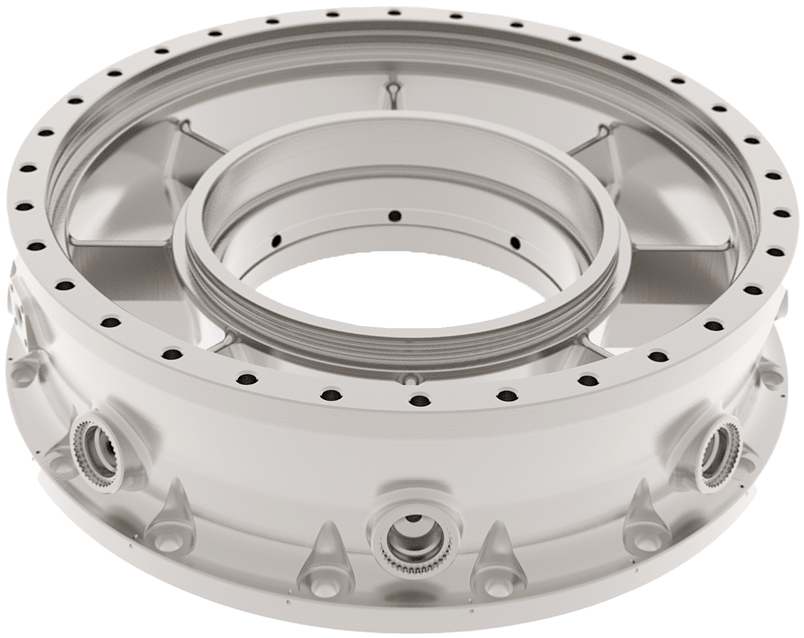 A detailed image of a metal mechanical component with a circular structure. It has multiple holes around the edge and several smaller protrusions and gears on its surface. The piece has a shiny, polished finish.