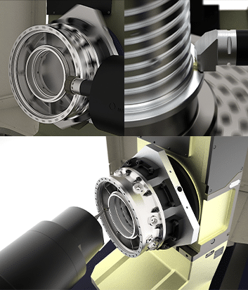 Close-up of an industrial metalworking machine with a spindle and various circular components, including threads and fittings. The machine appears to be involved in precision machining or manufacturing processes.