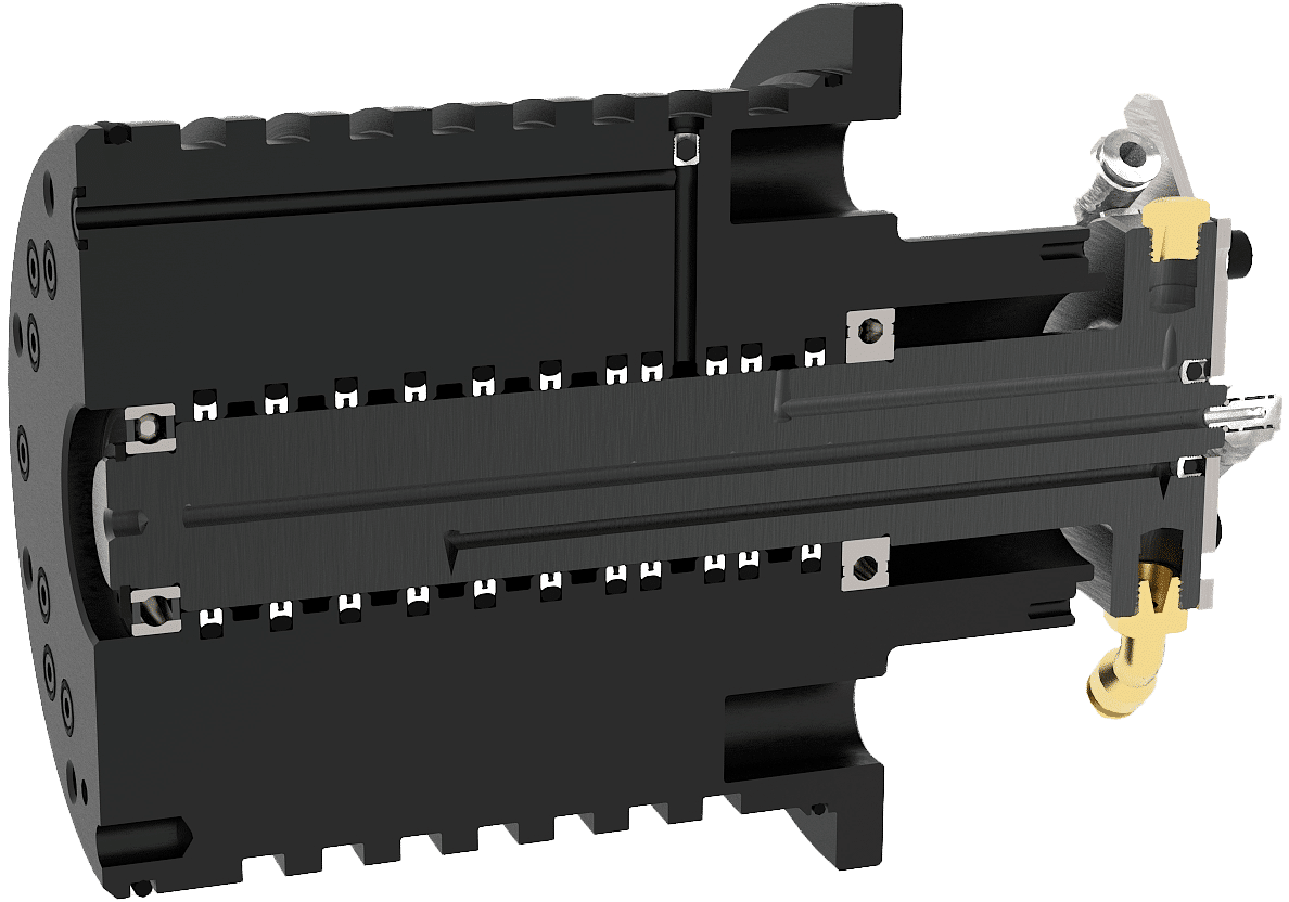 A technical rendering of a cylindrical mechanical component with visible gears and levers. The device has a black outer casing with a gold and silver internal mechanism visible through a cutaway.