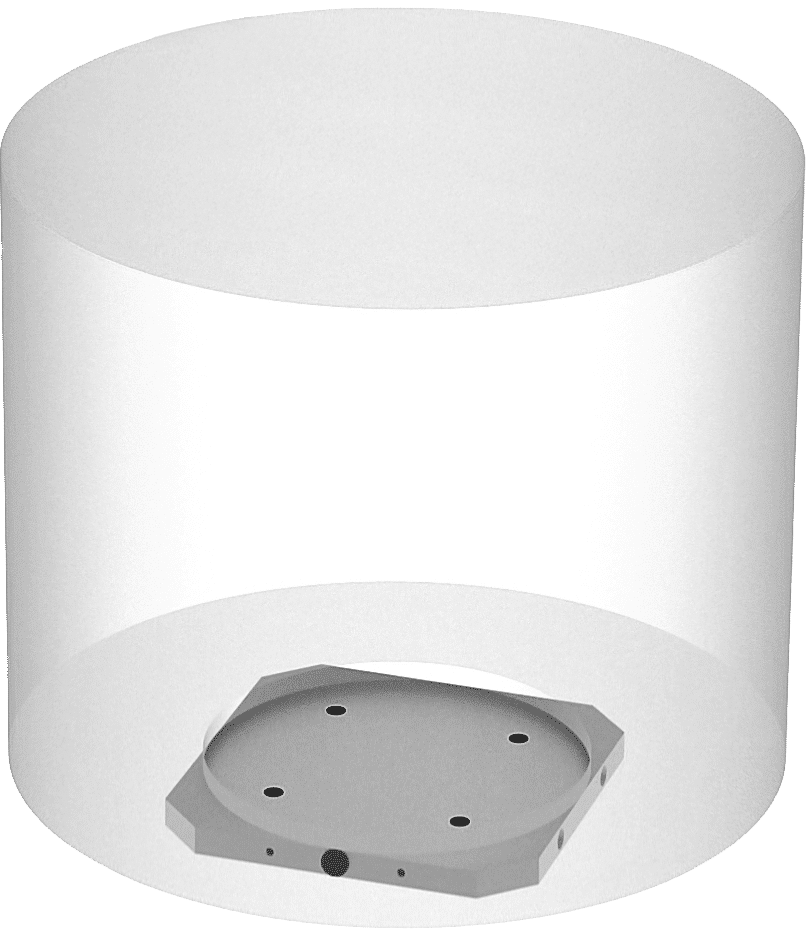 A 3D illustration of a large, transparent cylindrical object with a solid, flat circular disc at the base. The disc has a hexagonal border and several black dots on its surface. The cylinder appears empty.