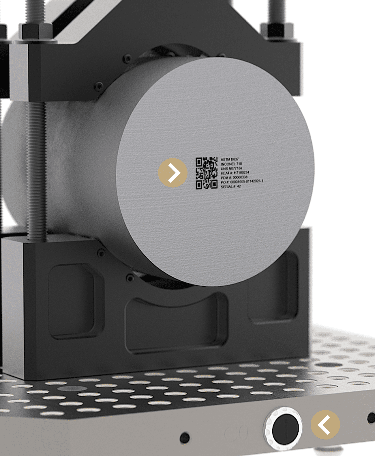 Close-up of a cylindrical object secured in a metal frame, featuring a QR code and small text on its face. A beige arrow icon overlays the center, with another arrow icon at the bottom right corner.
