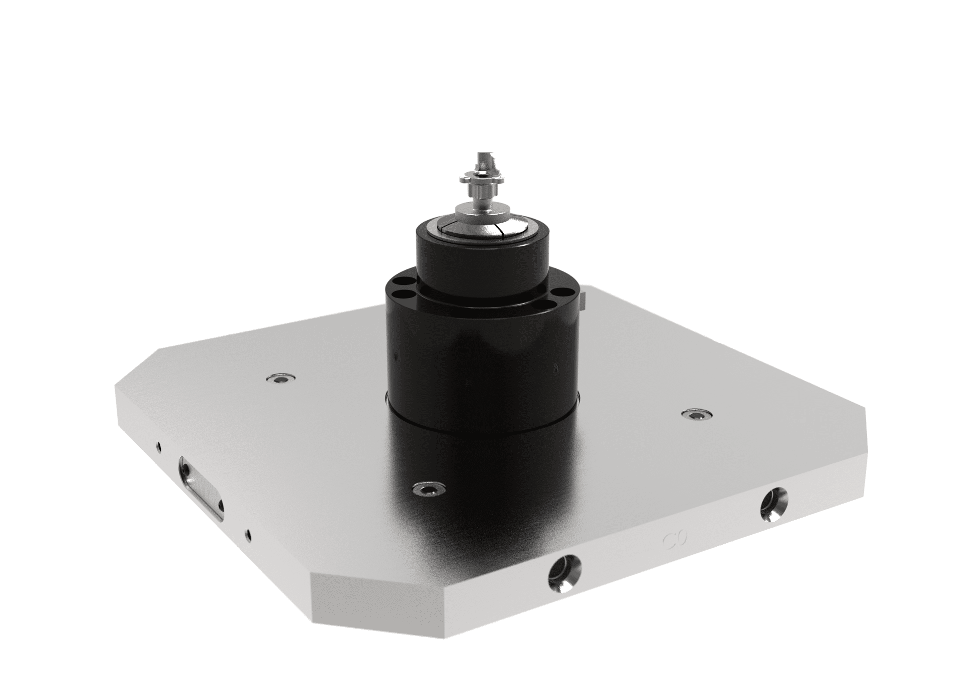 A metallic machine part featuring a rectangular base with rounded corners, mounting holes, and a central cylinder topped by a bolt and nut.