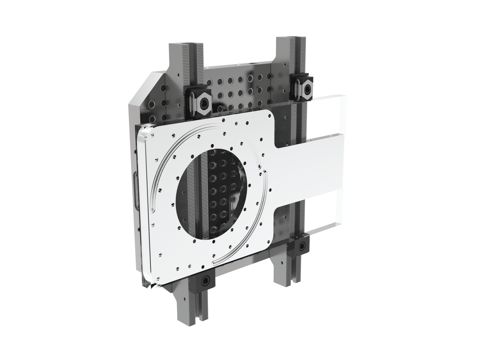 Precision-engineered metal and glass assembly with screws, a large circular opening, and rails on a white background.