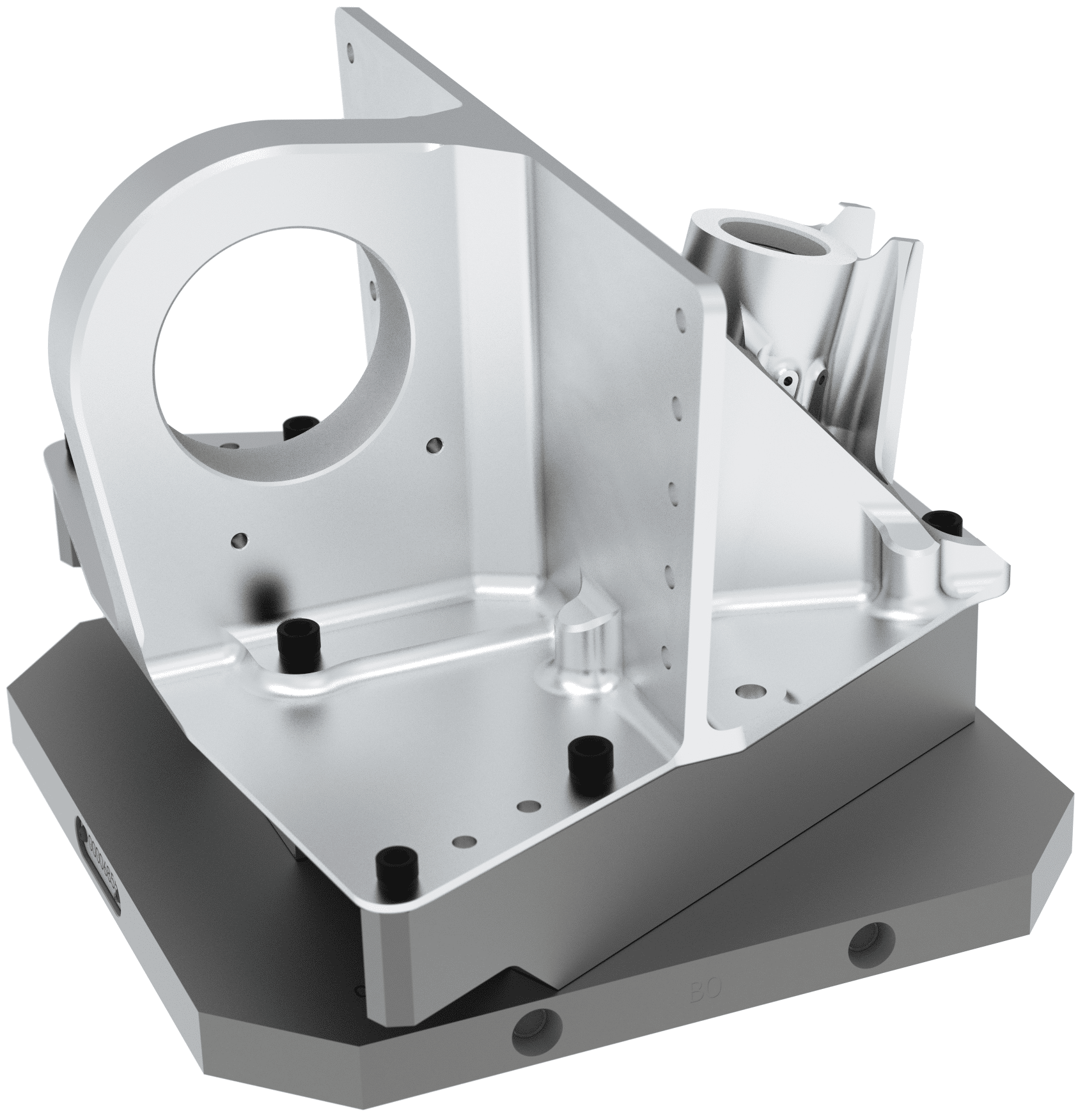A precision-machined metal fixture with angular plates, round cutouts, and mounting holes on a dark hexagonal base for engineering use.