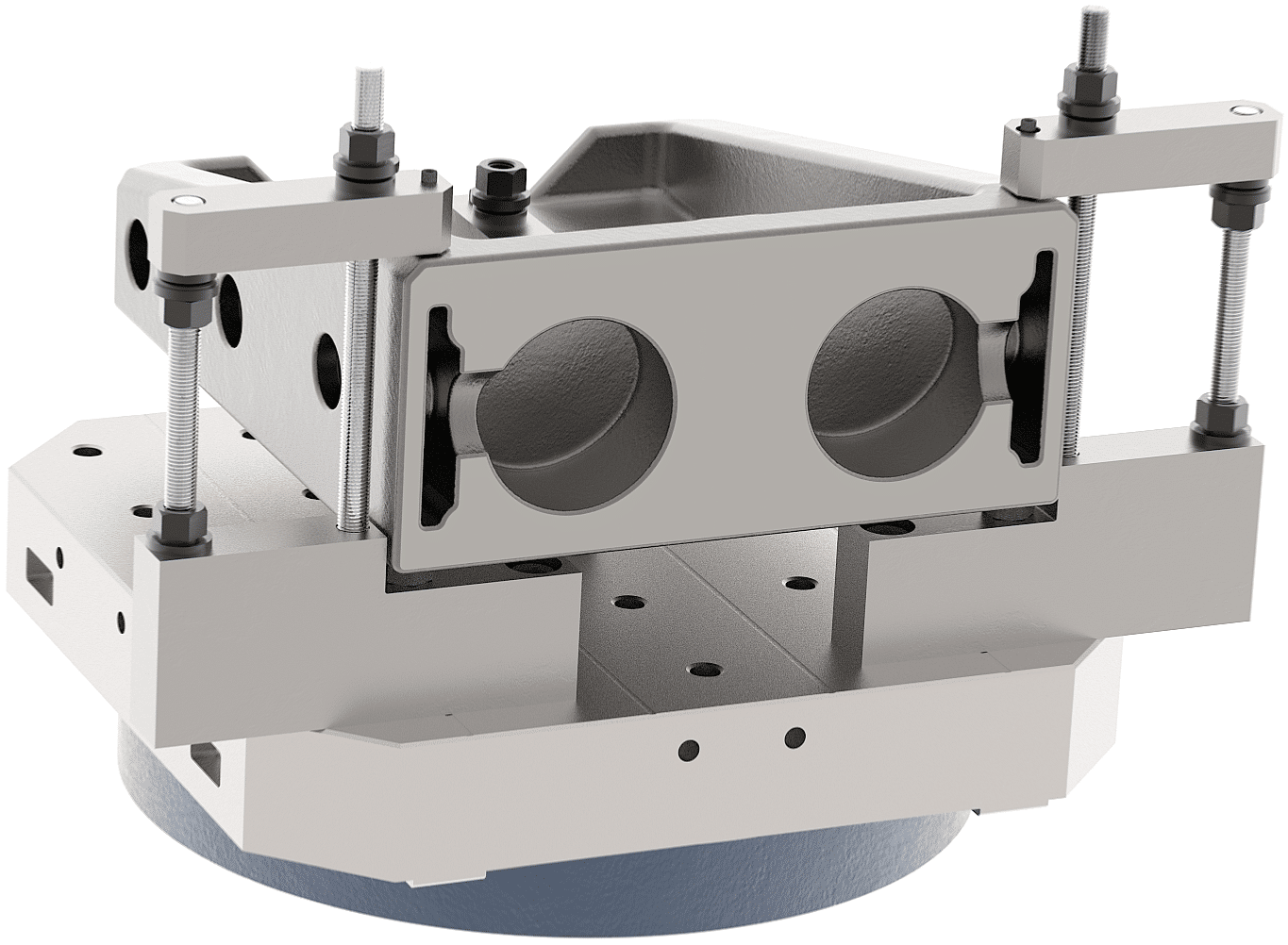 A metal mechanical component with two large circular openings, bolted and mounted on a base with holes and threaded rods; industrial part.