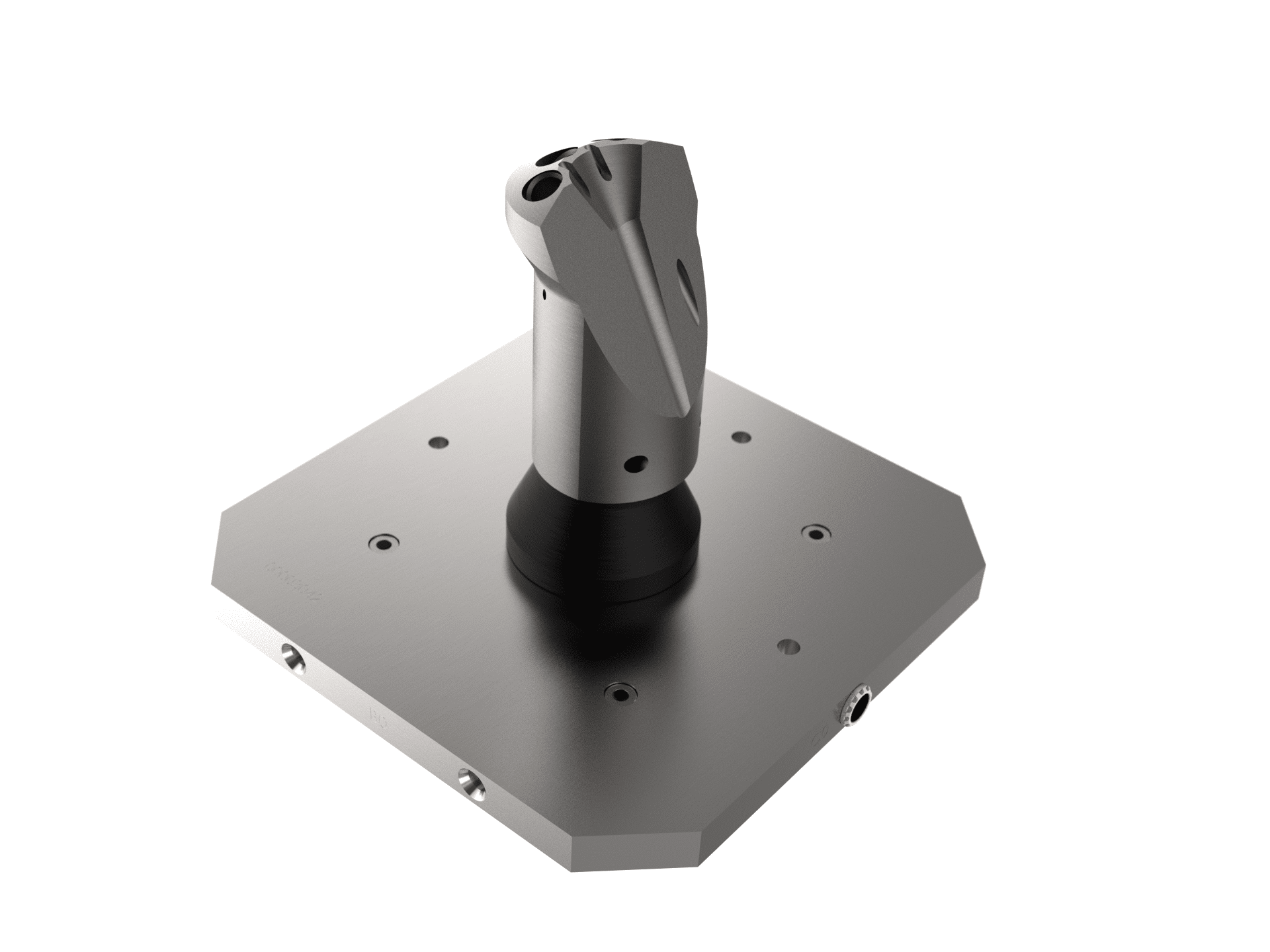 Metallic industrial component with central cylindrical part on square metal base, machined edges and holes, on white background.