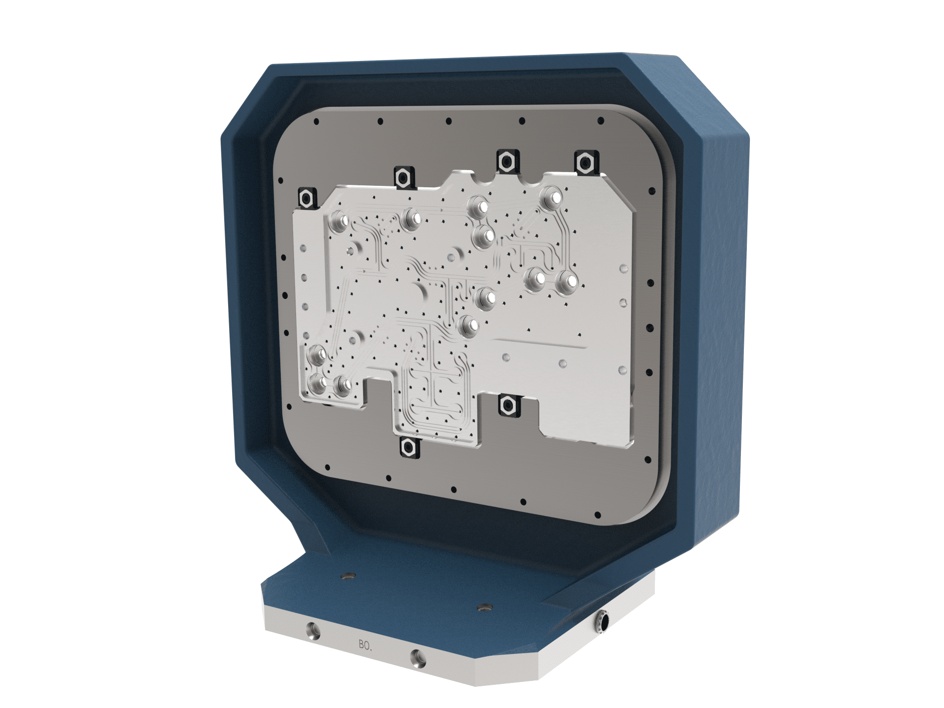 Blue and silver metal fixture with a flat, machined surface, multiple holes, and raised areas; likely used for testing components.